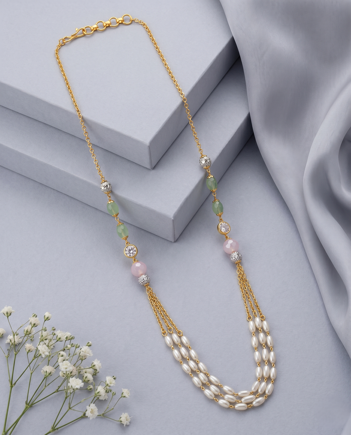 Handmade Pastel Pearl Layered Mala Necklace Set with Green Onyx, Pink Opal Crystal & CZ Accents with Matching Pink Crystal Earrings