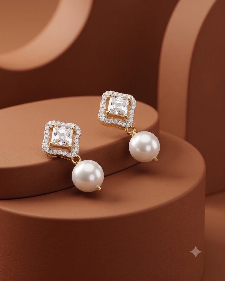 Premium Pearl Drop Diamond Earrings for Women | Princess Cut Stone Gold Polish Elegant Earrings