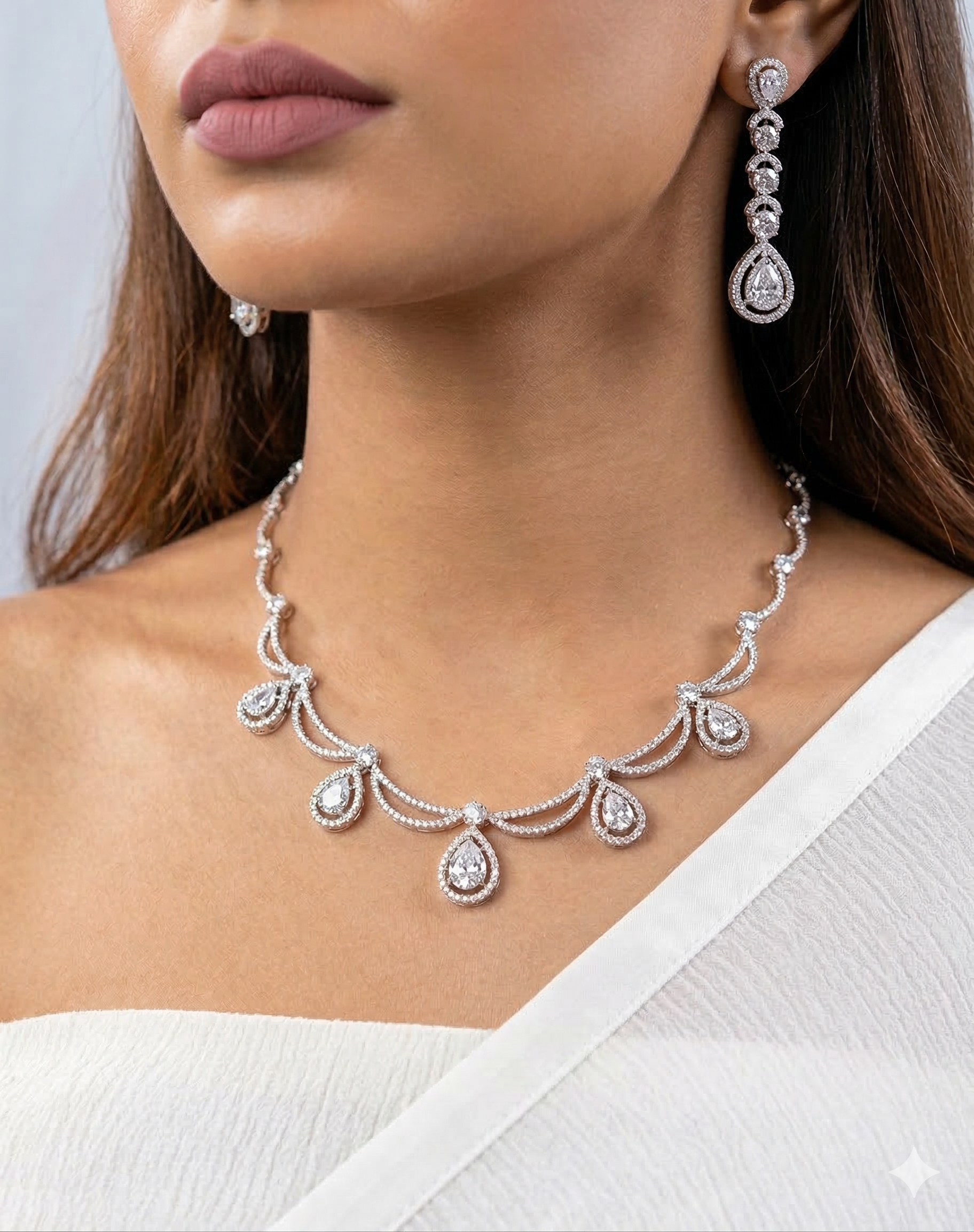 Diamond Look Teardrop Necklace Set with Long Earrings | Premium Imitation Jewellery