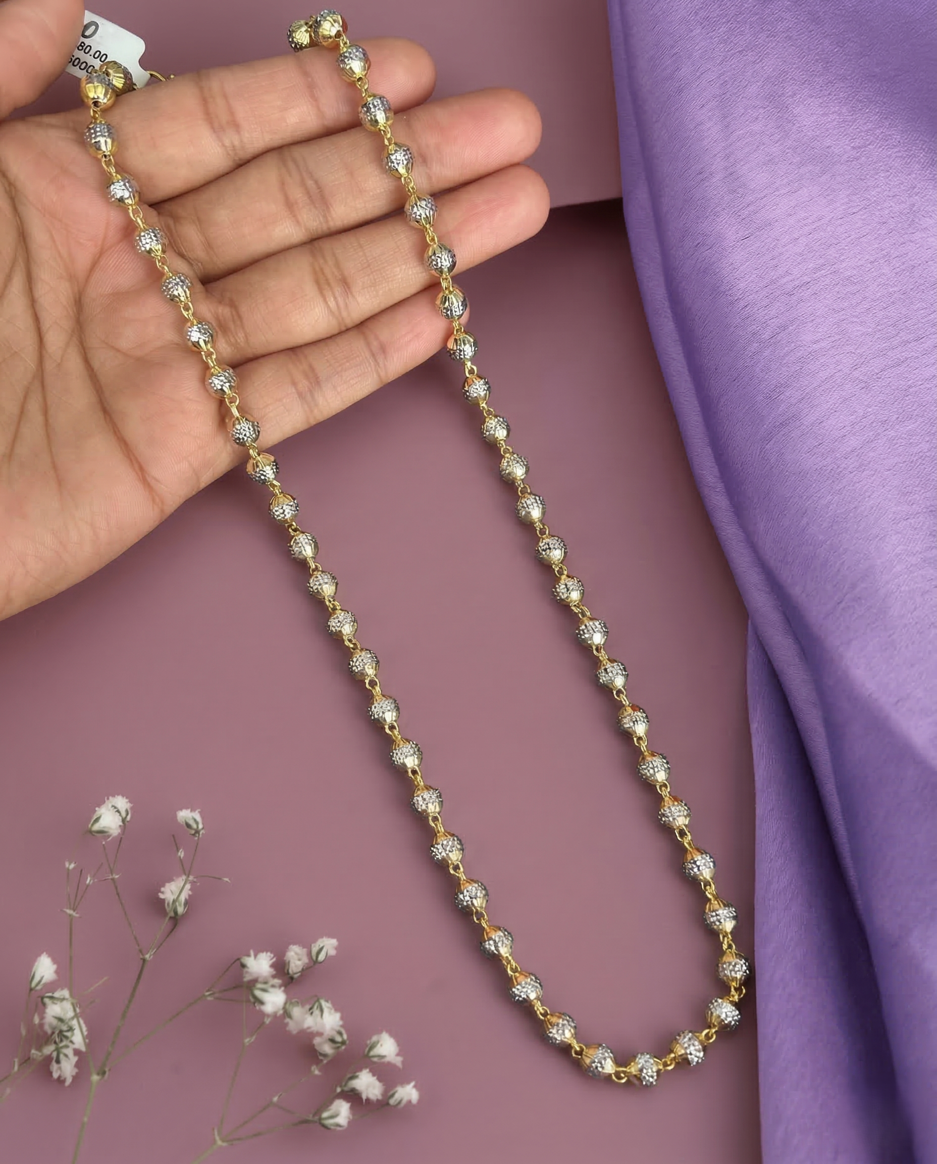 Premium Italian Two Tone Beaded Chain Necklace Gold Silver Finish