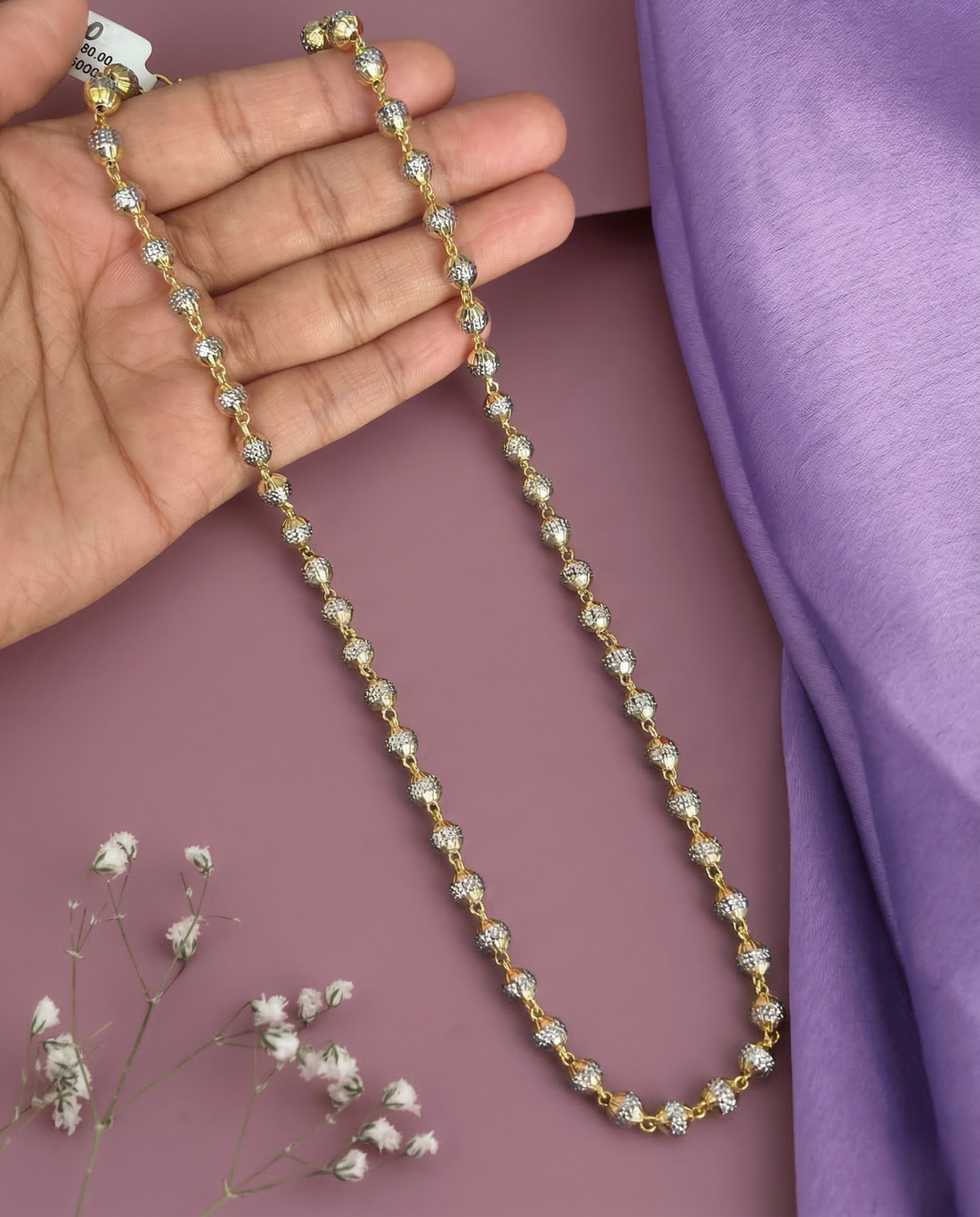 Premium Italian Two Tone Beaded Chain Necklace Gold Silver Finish