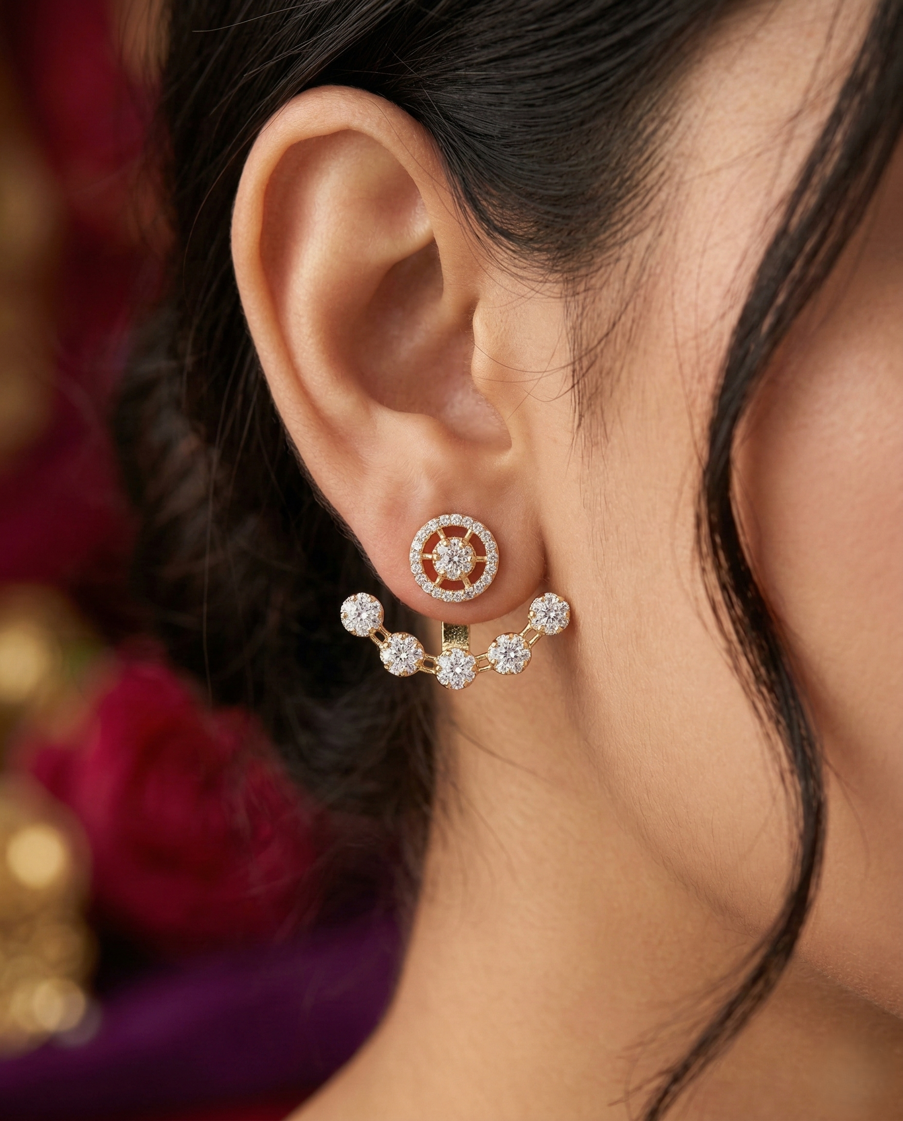Round Halo Ear Jacket Earrings with CZ Stones – Gold Finish