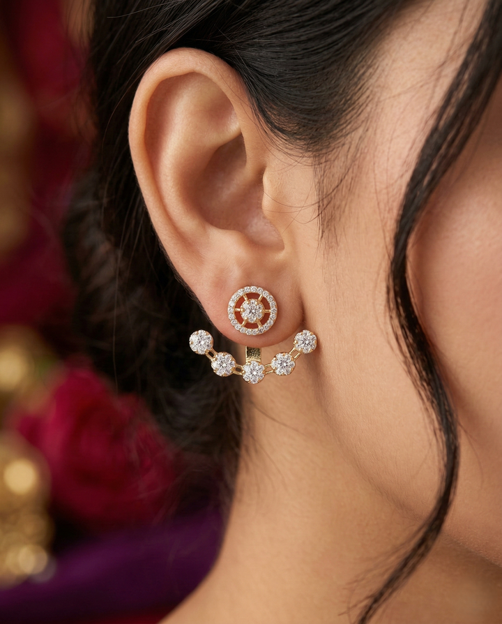 Round Halo Ear Jacket Earrings with CZ Stones – Gold Finish
