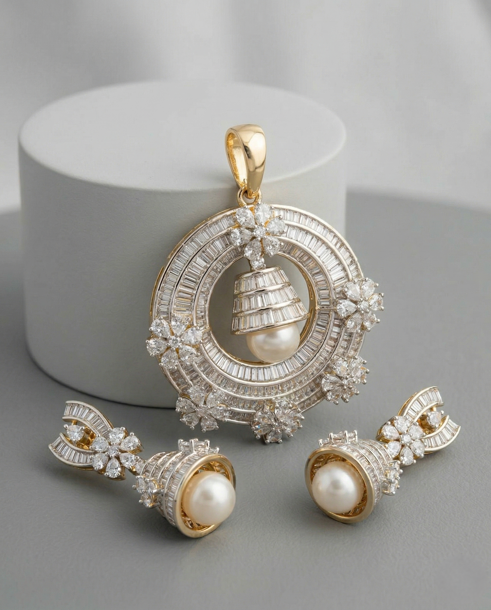 Diamond Look Pearl Pendant Set with Earrings | Luxury Imitation Jewellery