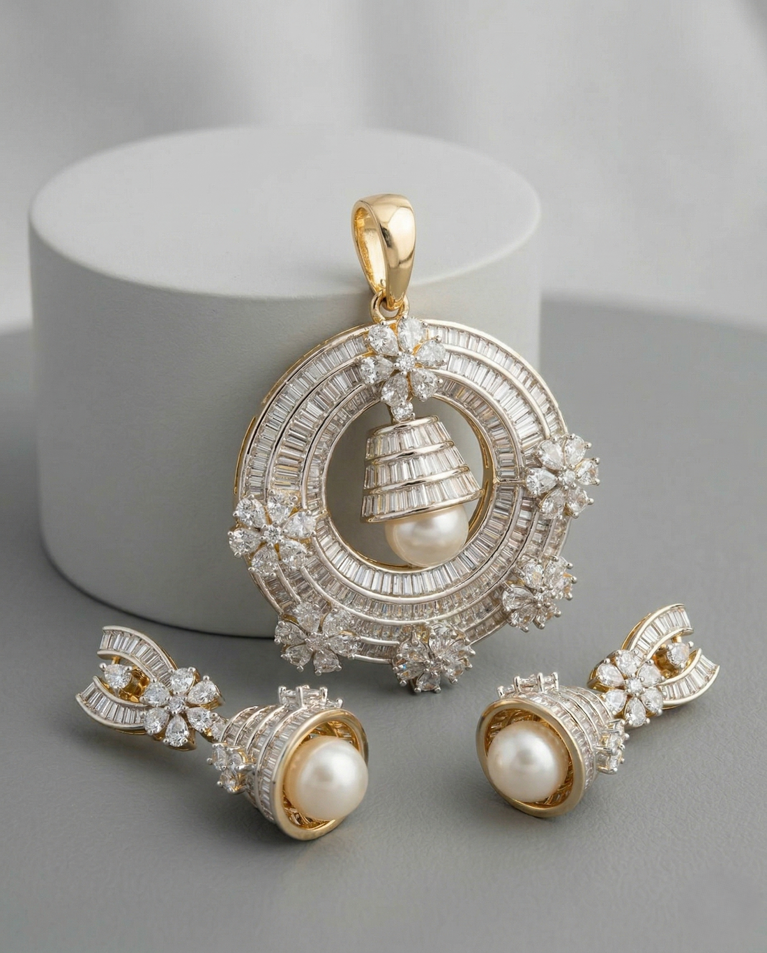 Diamond Look Pearl Pendant Set with Earrings | Luxury Imitation Jewellery