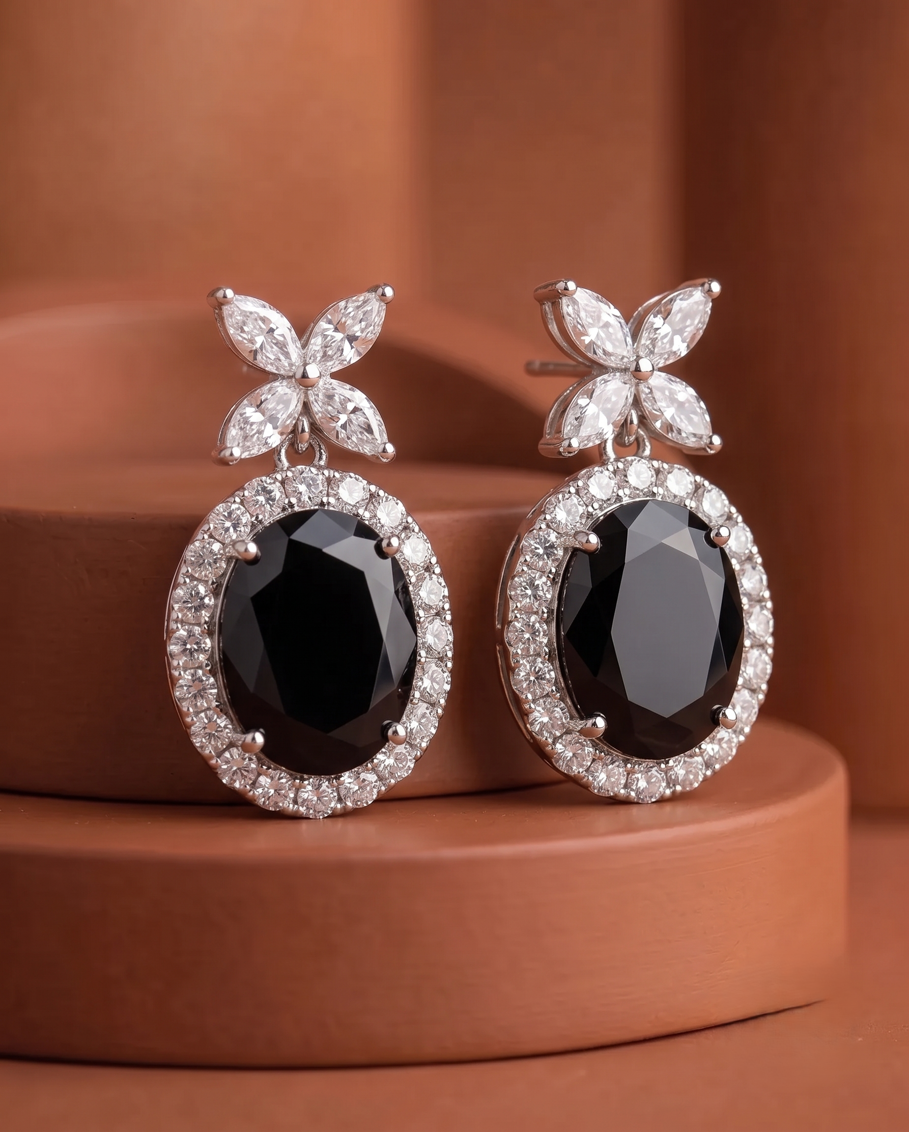 Veloura Bloom Drops – Floral Diamond Oval Earrings in Ruby, Black, White & Green