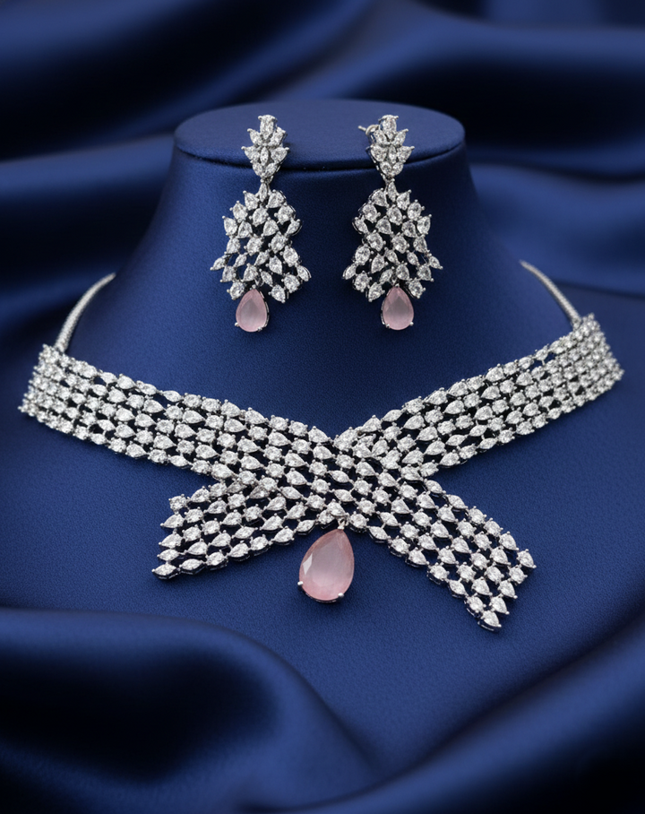 Pink Drop Diamond Style choker Necklace Set with Matching Earrings