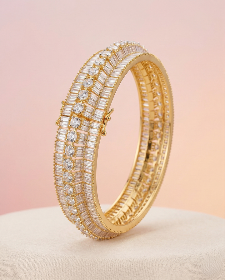 Openable Premium Baguette & Round Diamond Look Bracelet in Gold Tone
