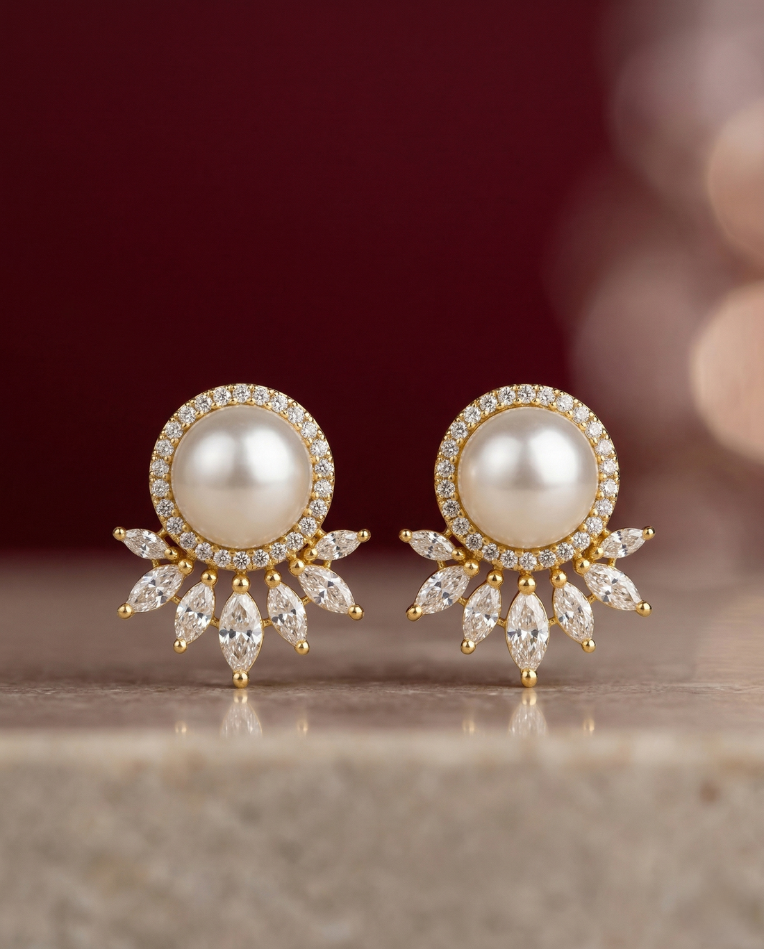 Lunara Crown Pearl Studs – Pearl Diamond Halo Earrings with Floral Drop Design
