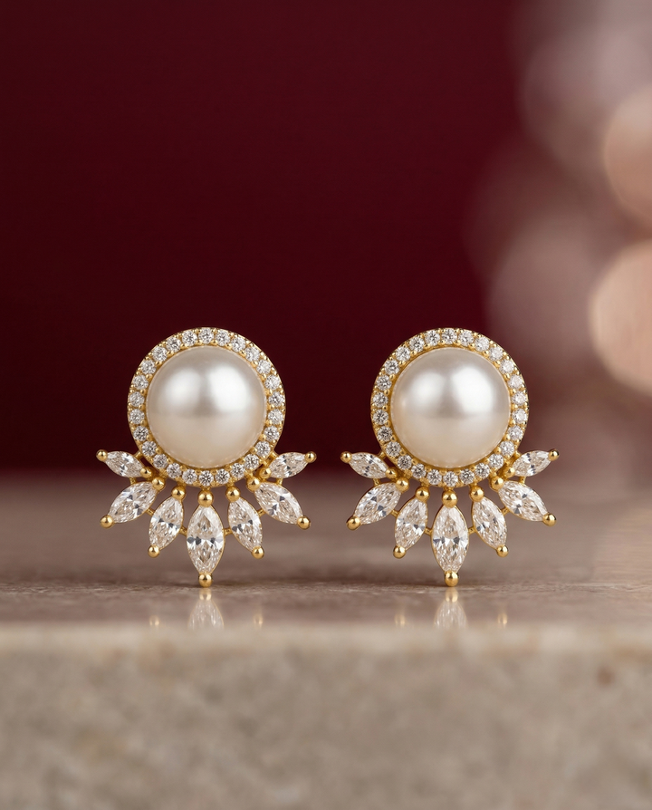Lunara Crown Pearl Studs – Pearl Diamond Halo Earrings with Floral Drop Design