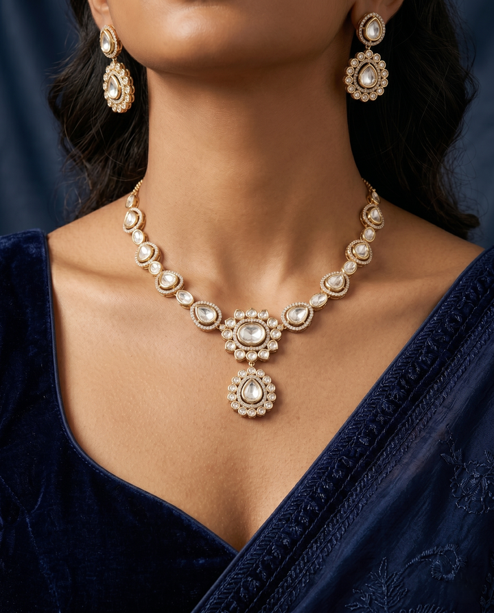 Royal Kundan Polki Necklace Set with Earrings – Gold Finish Statement Jewellery
