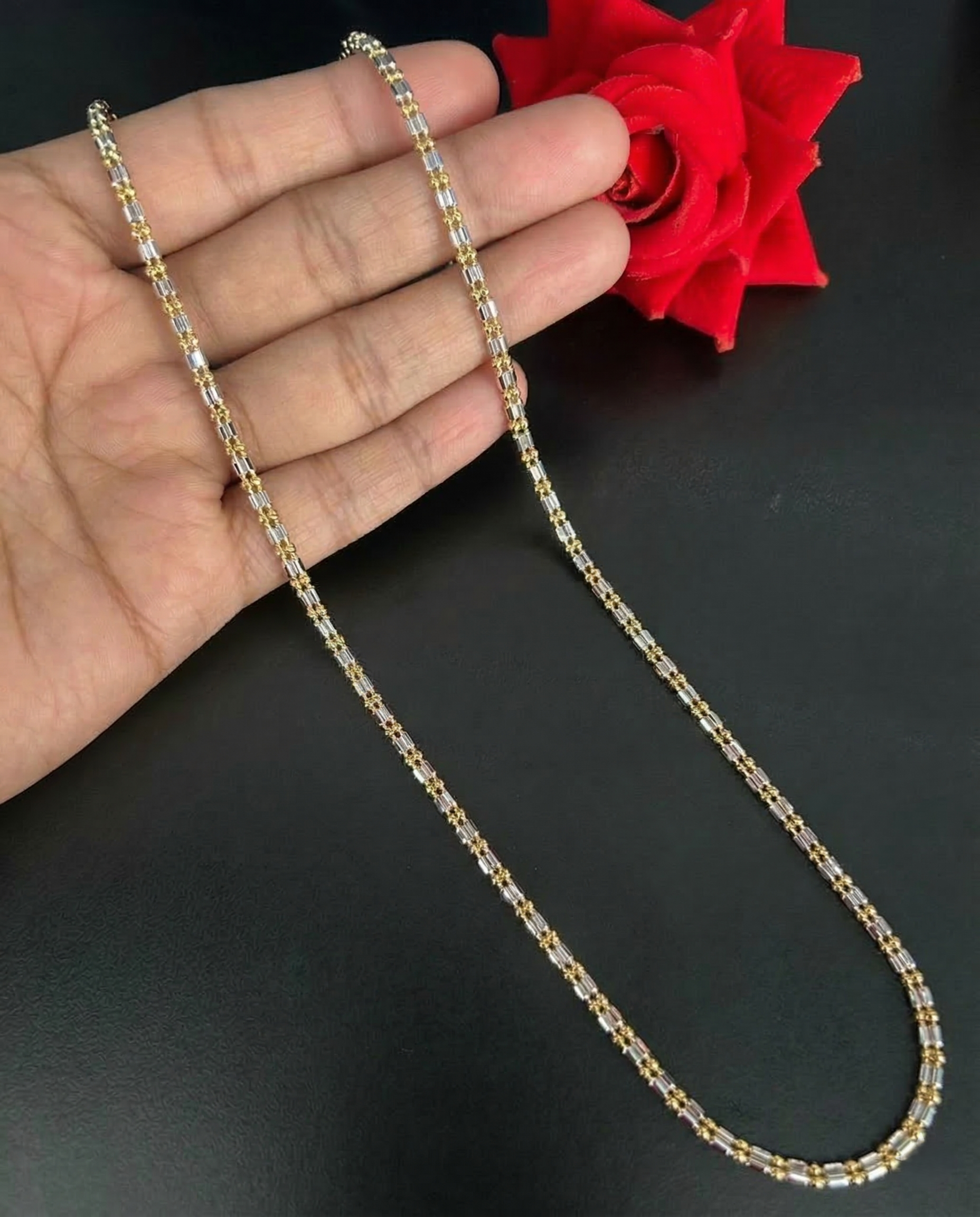 Three Line Two Tone Designer Beaded Chain Necklace Gold Silver