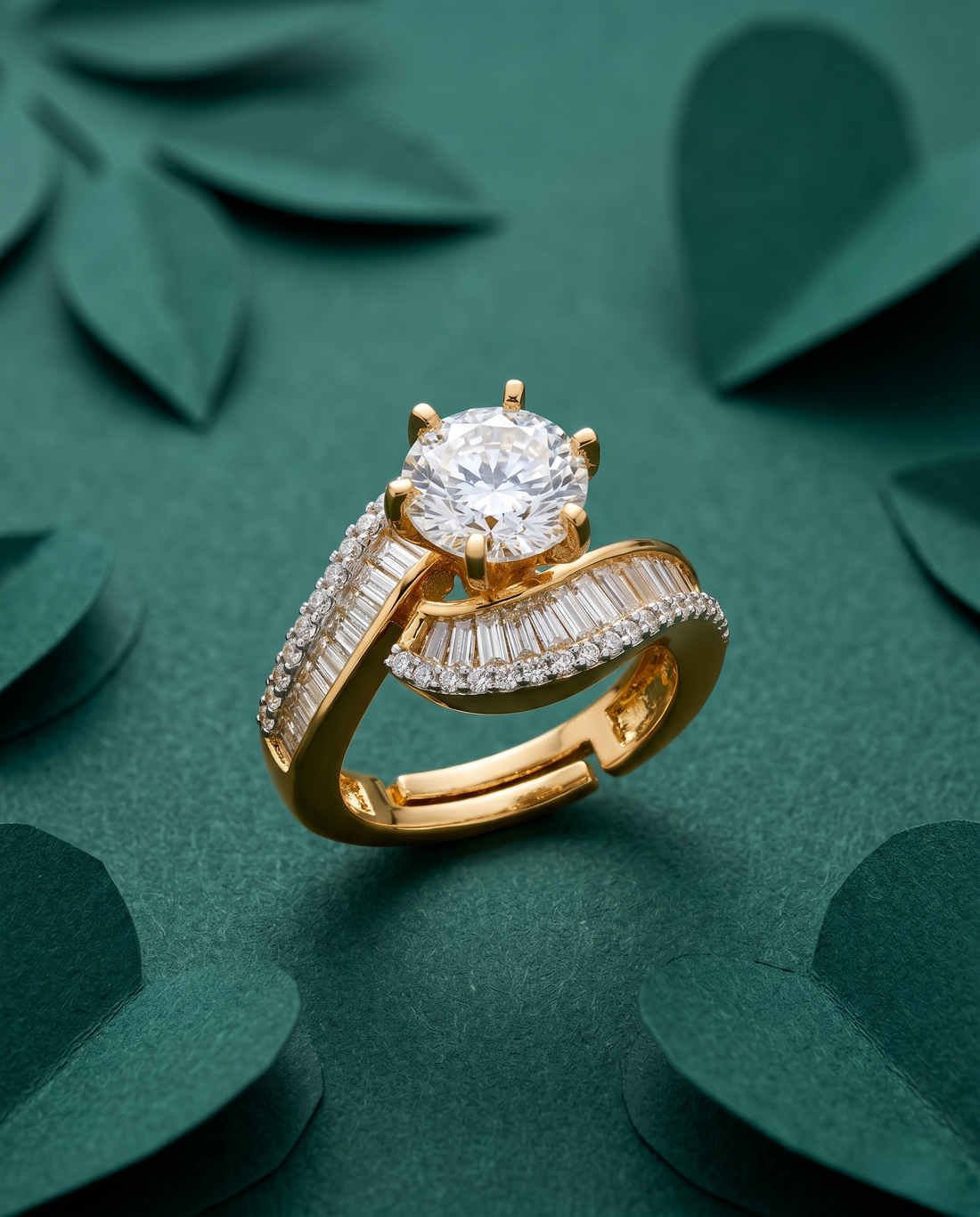 Royal Curve Stone Gold Plated Adjustable Ring (Ruby Red, Diamond White, Emerald Green)
