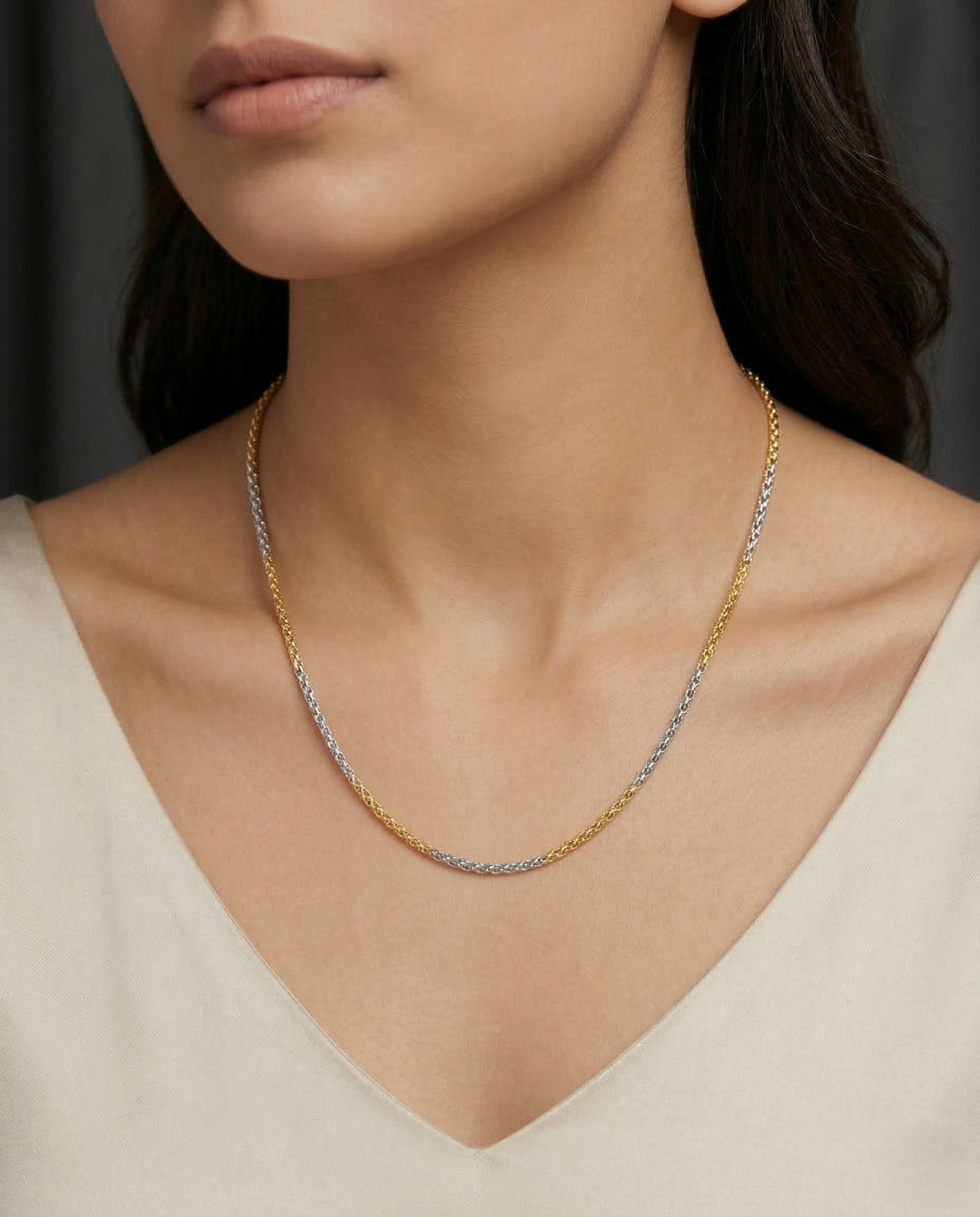 Italian Two Tone Chain Necklace – Gold & Silver Finish Slim Designer Chain