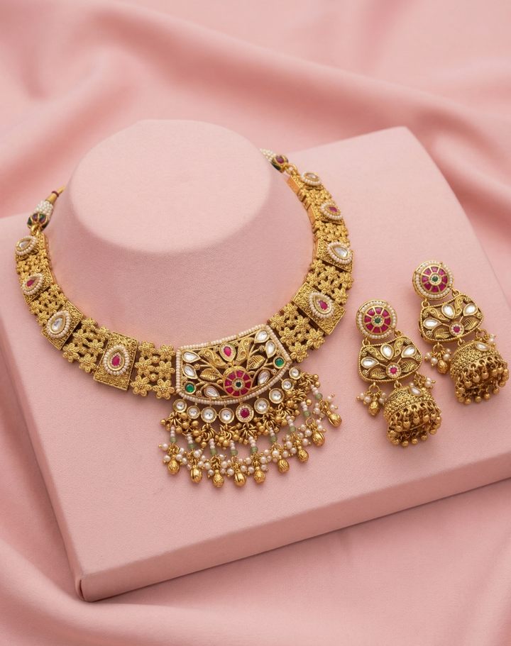 Traditional Gold Finish Temple Necklace Set with Kundan Work, Pearl & Bead Drops