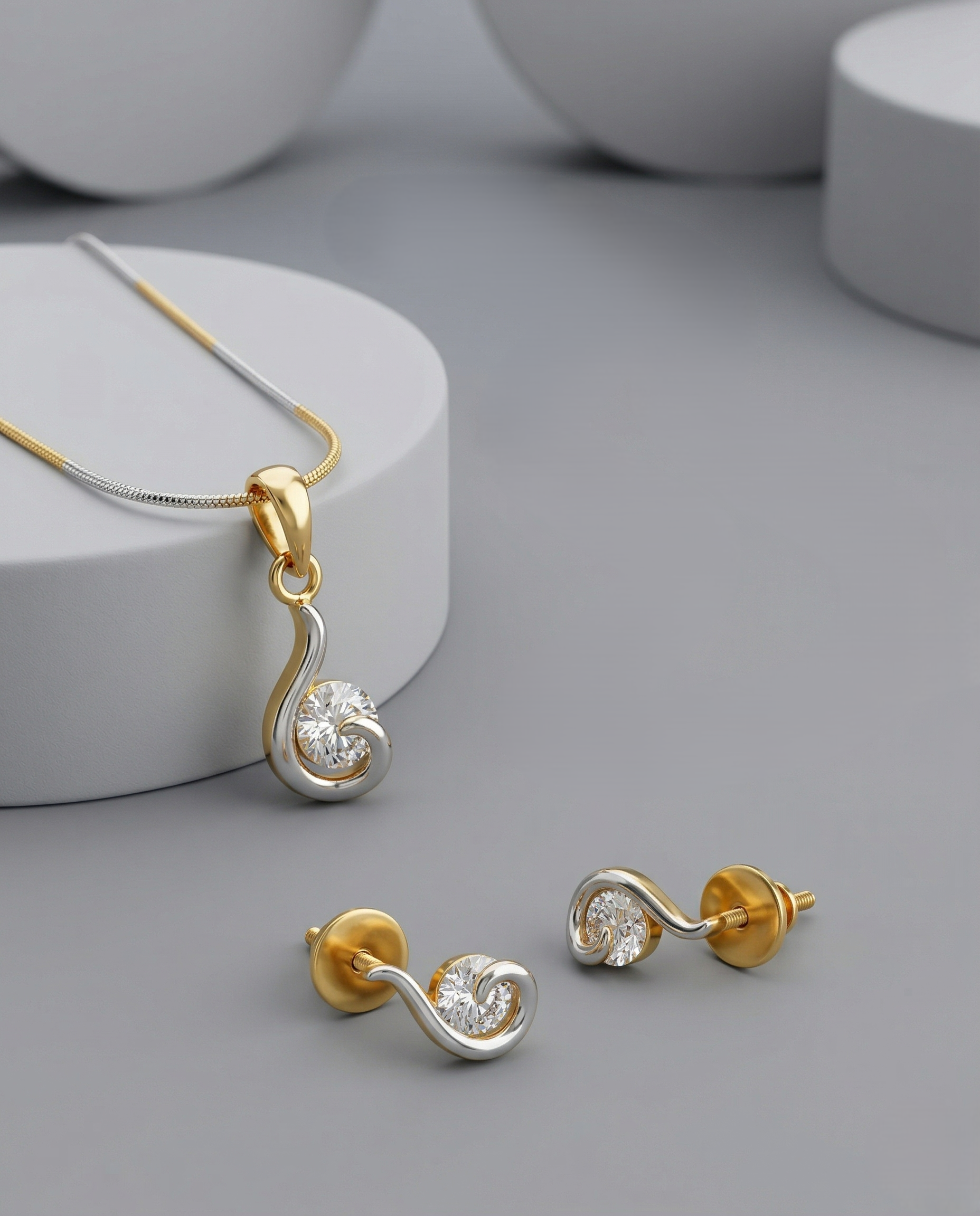 Premium Sparkle Dual Tone Diamond Swirl Pendant with Chain & Matching Earrings