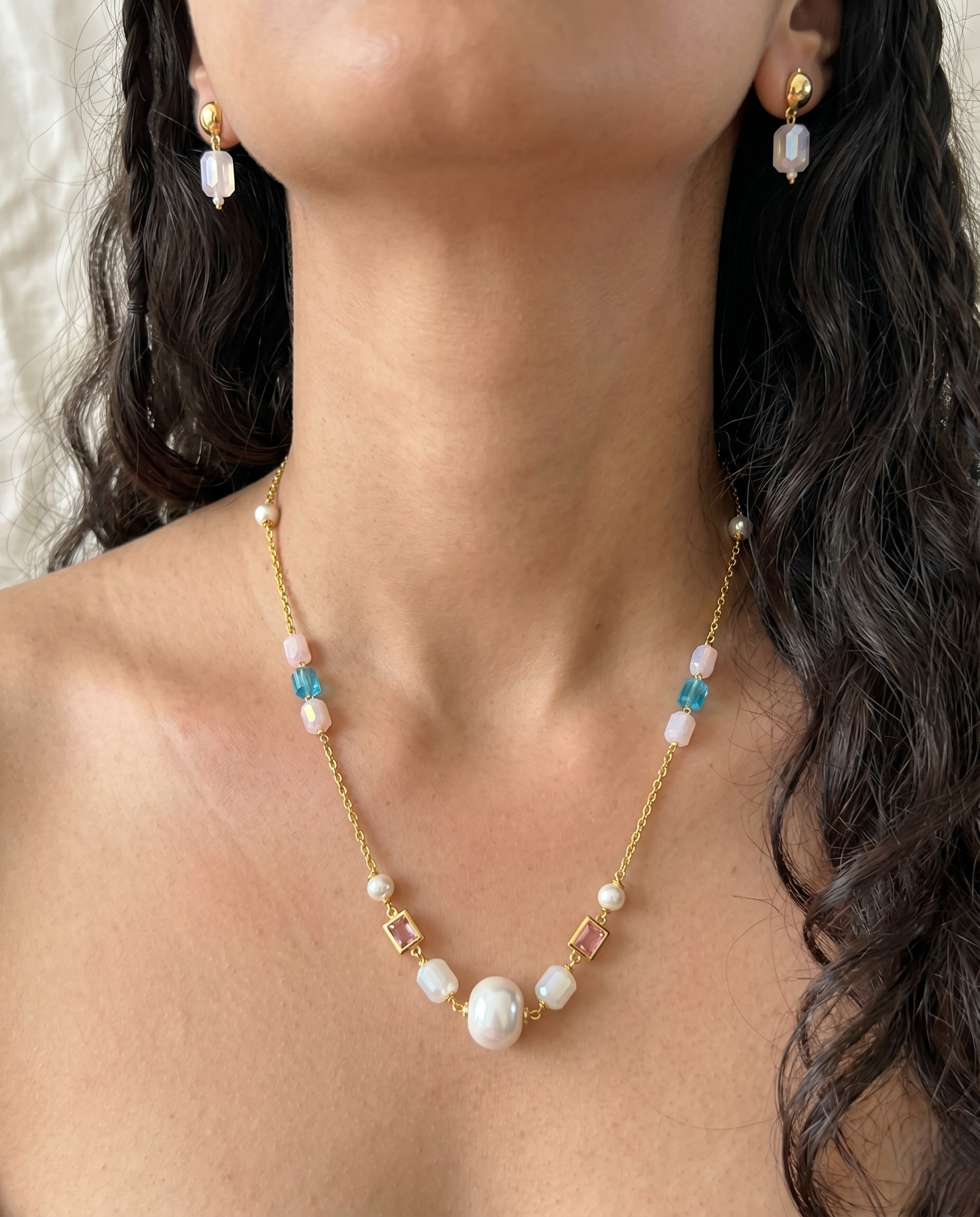 Handmade Baroque Pearl, Opal Crystal & Pastel Stone Mala Necklace Set with Matching Faceted Opal Crystal Earrings