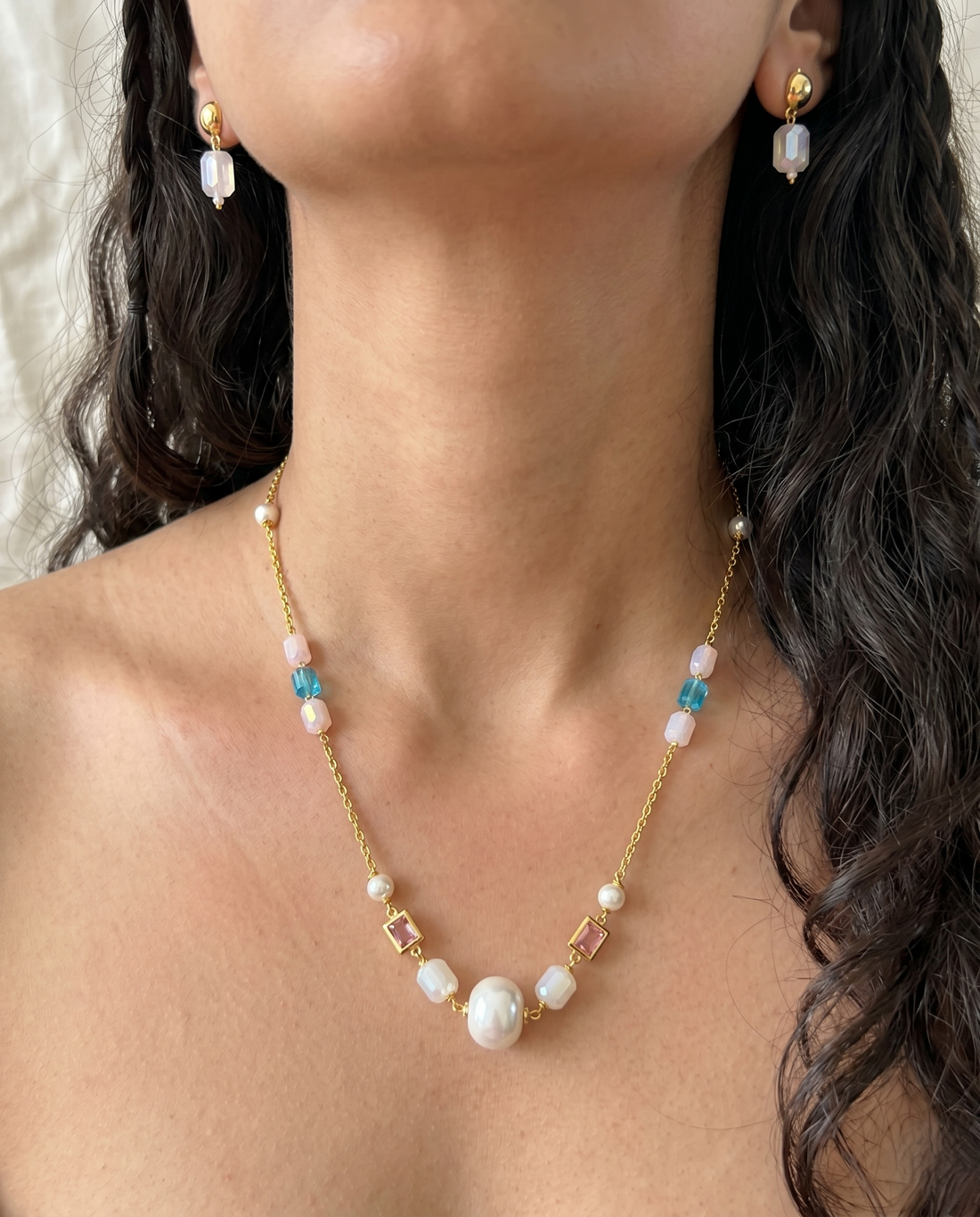 Handmade Baroque Pearl, Opal Crystal & Pastel Stone Mala Necklace Set with Matching Faceted Opal Crystal Earrings