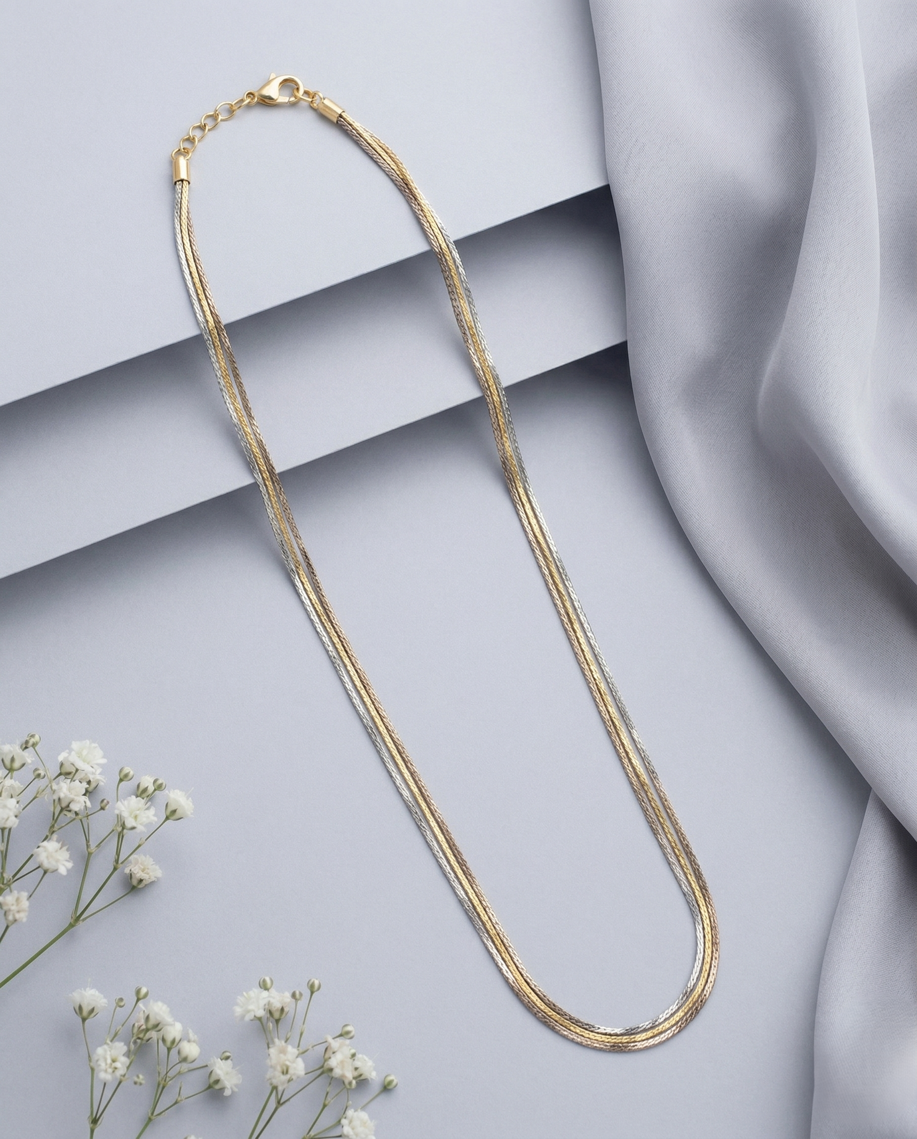 Three Tone Layered Chain Necklace | Gold Silver Rose Braided Long Chain for Women