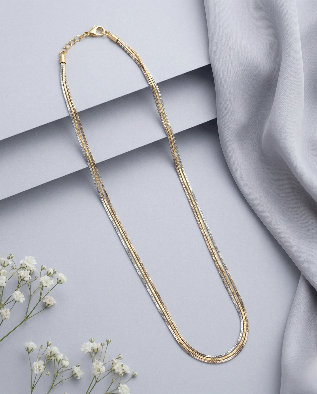 Three Tone Layered Chain Necklace | Gold Silver Rose Braided Long Chain for Women