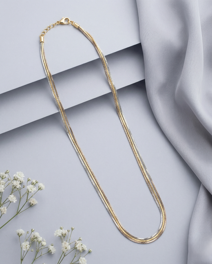Three Tone Layered Chain Necklace | Gold Silver Rose Braided Long Chain for Women