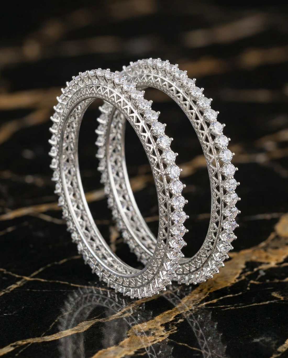 Premium Sparkle Design Diamond Bangles Pair Silver Tone
