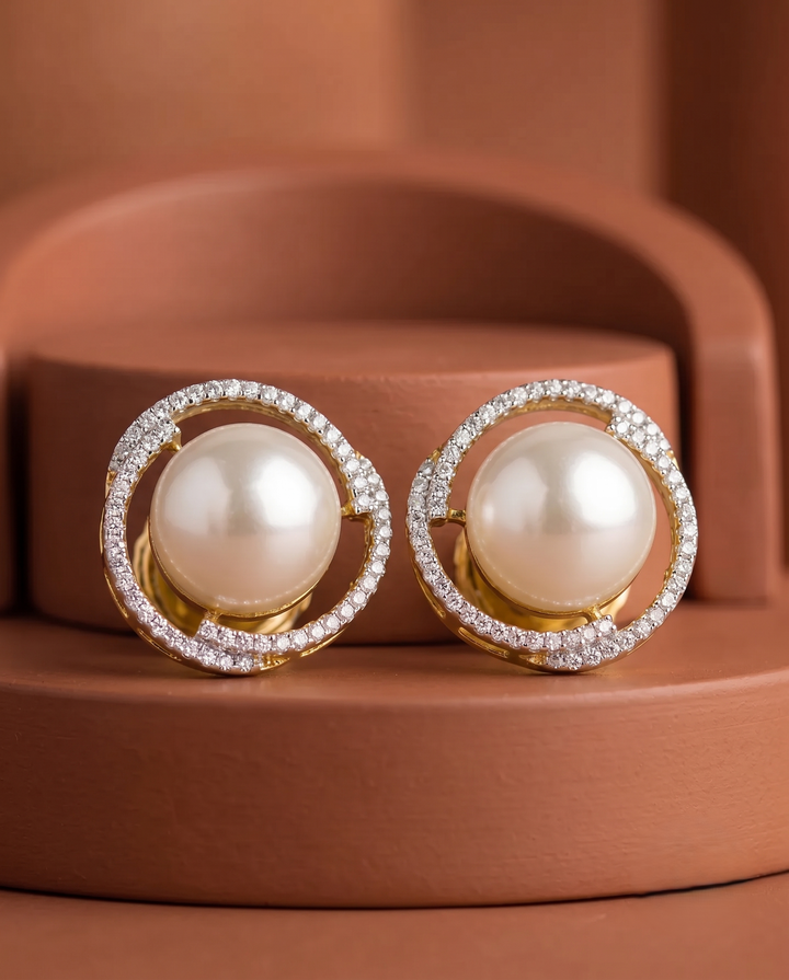 Lunara Pearl Halo Studs – Round Pearl Diamond Circle Earrings in Gold Finish
