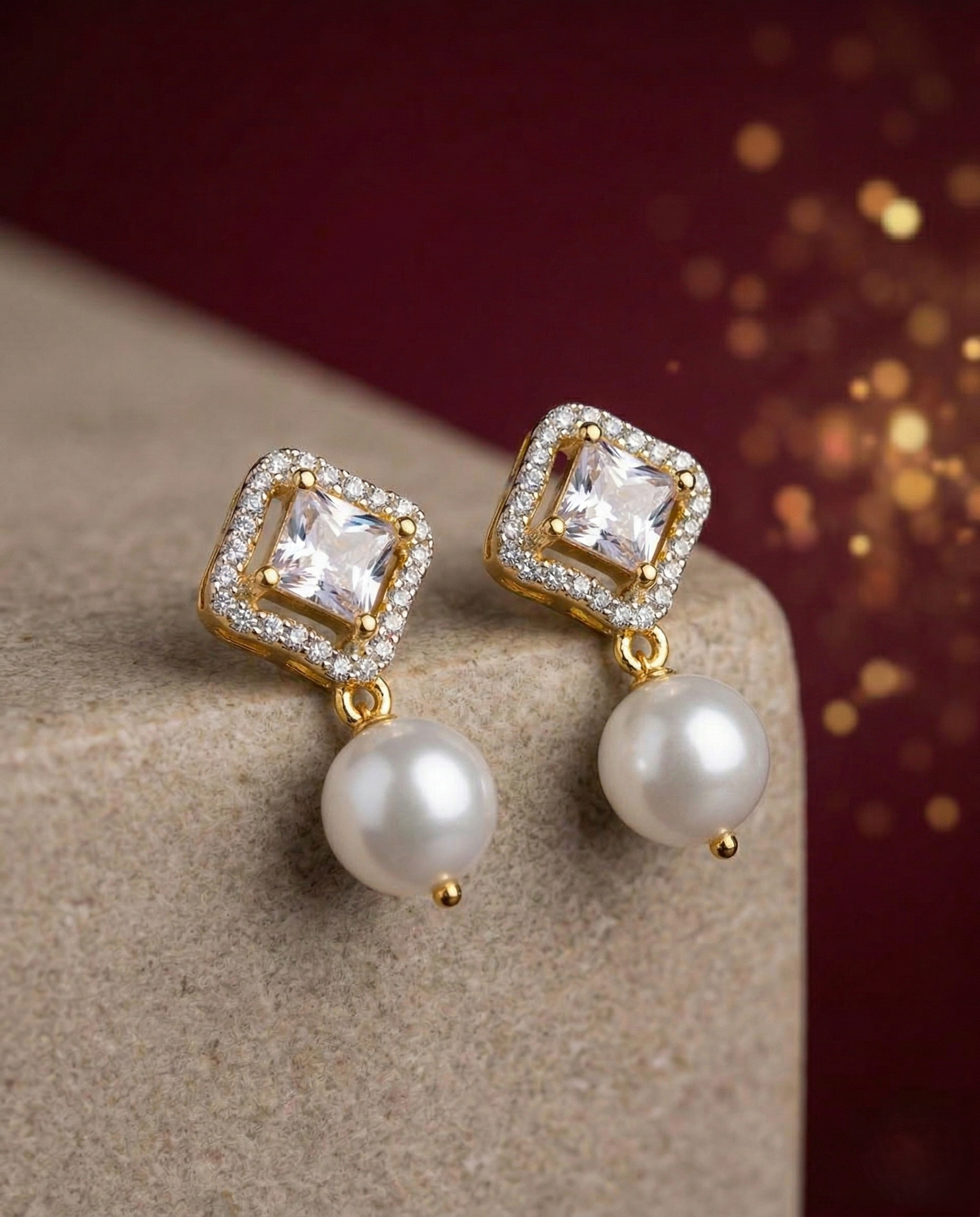 Premium Pearl Drop Diamond Earrings for Women | Princess Cut Stone Gold Polish Elegant Earrings