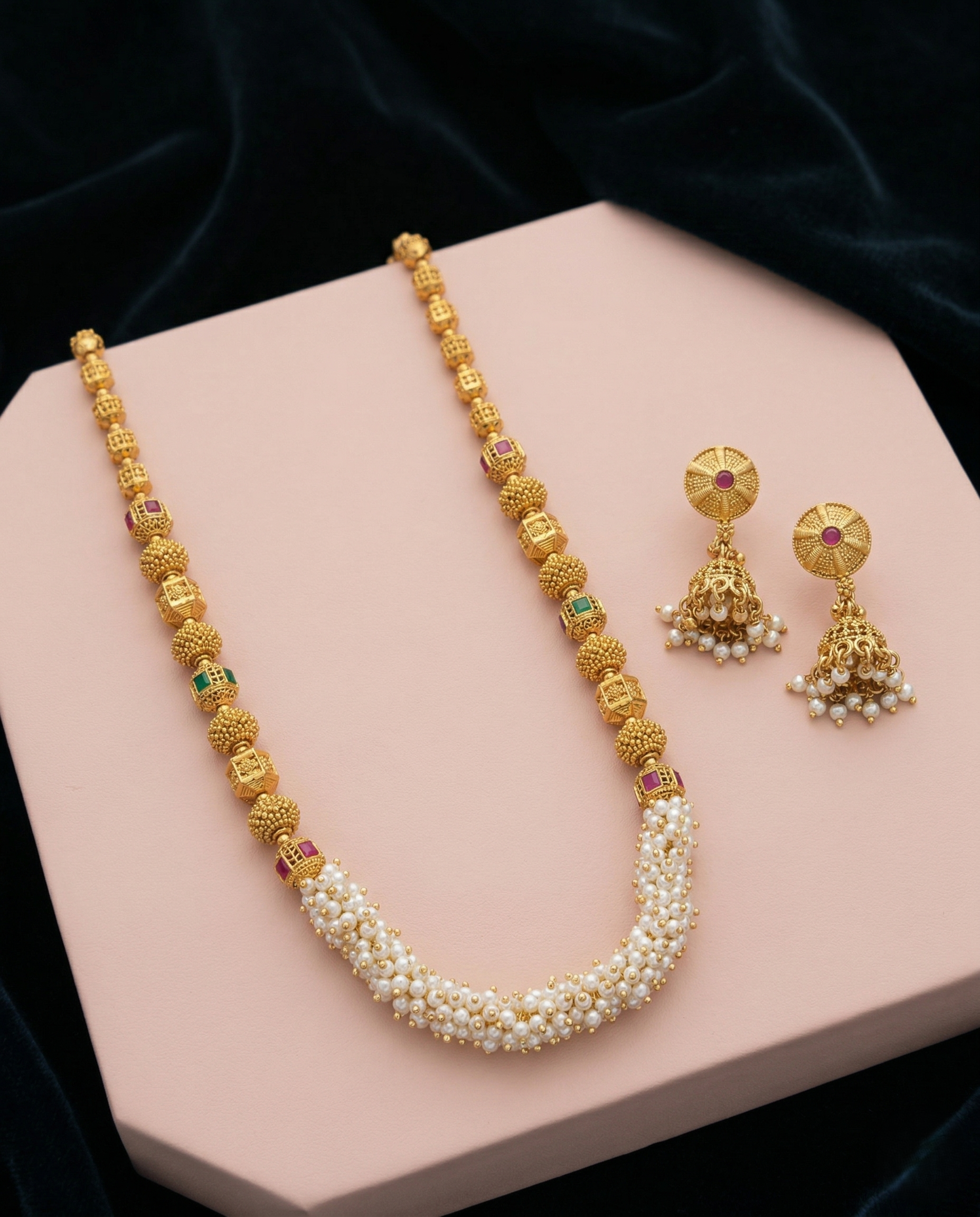 Premium Gold Plated Pearl Beaded Temple Necklace Set with Jhumka Earrings