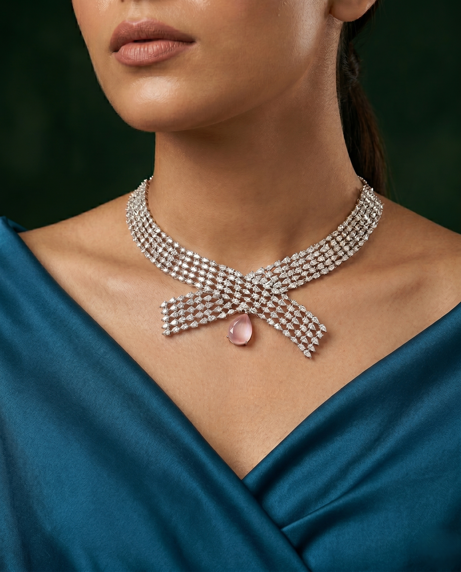 Pink Drop Diamond Style choker Necklace Set with Matching Earrings