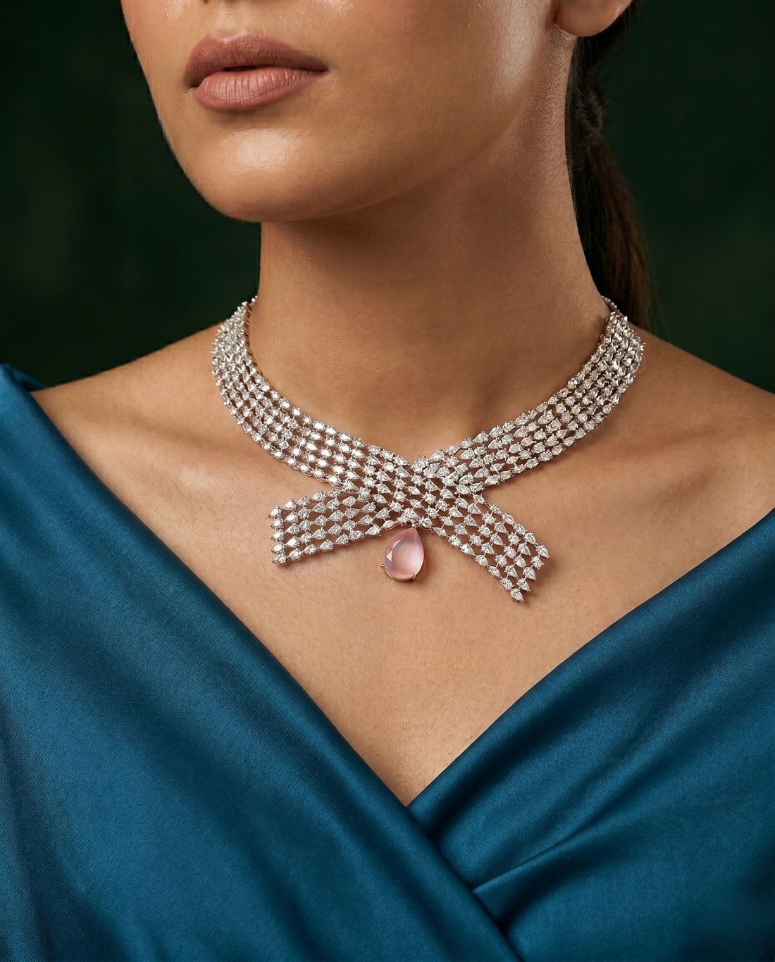 Pink Drop Diamond Style choker Necklace Set with Matching Earrings