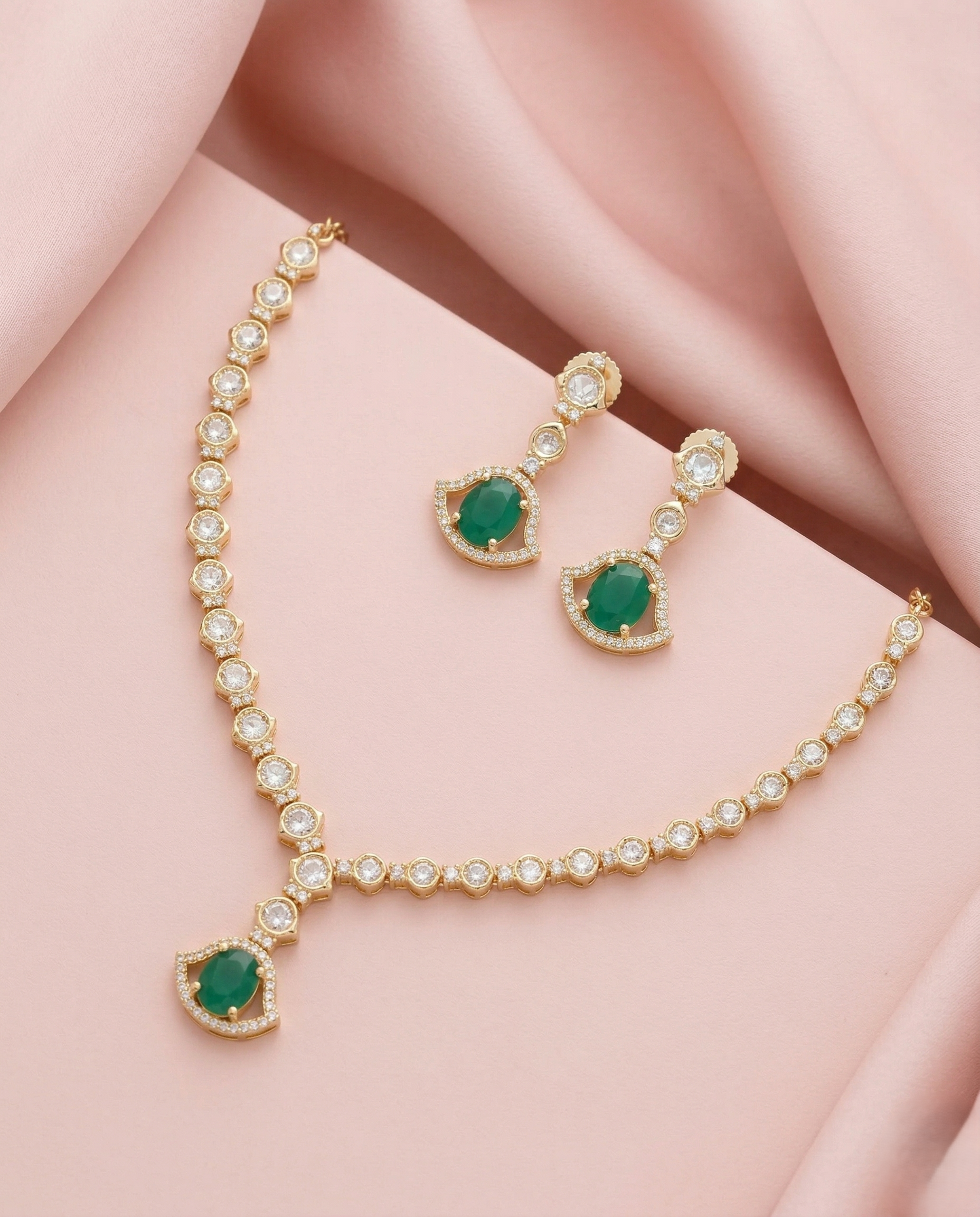 Kundan Drop Necklace Set Gold Tone with Green Stone with Earrings