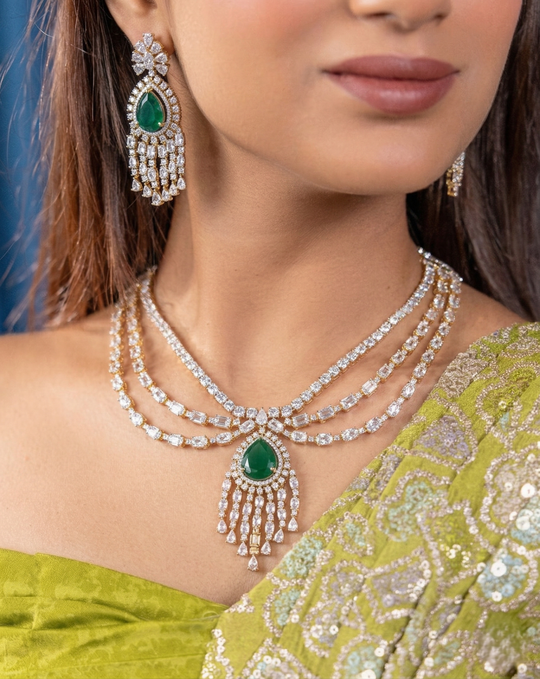 Gold Polish American Diamond Green Stone Layered Necklace Set