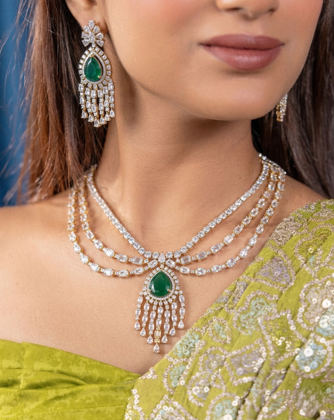 Gold Polish American Diamond Green Stone Layered Necklace Set