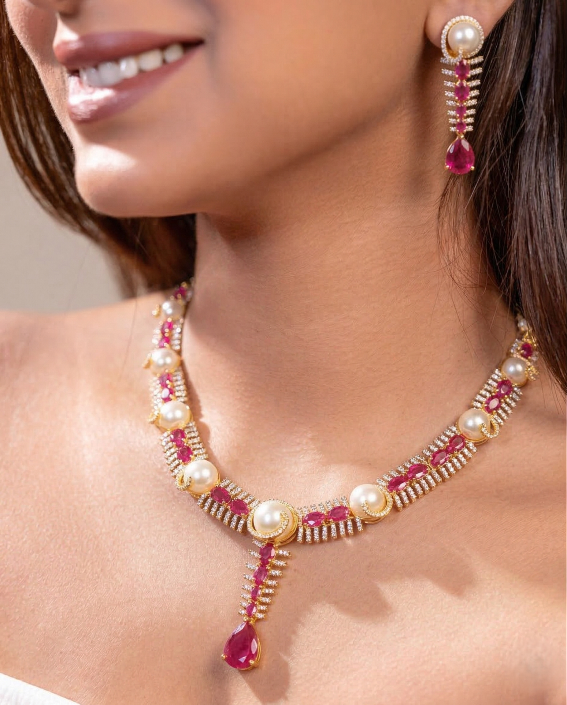 Ruby Red Stone & Pearl Diamond Necklace Set with Matching Earrings – Gold Polish