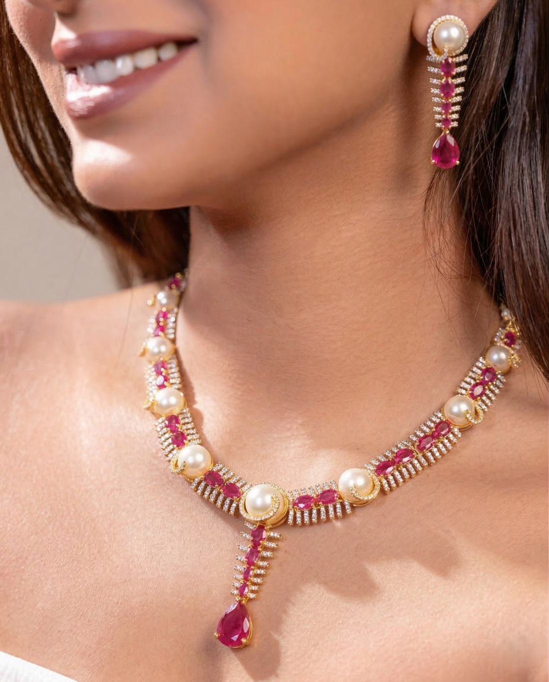 Ruby Red Stone & Pearl Diamond Necklace Set with Matching Earrings – Gold Polish
