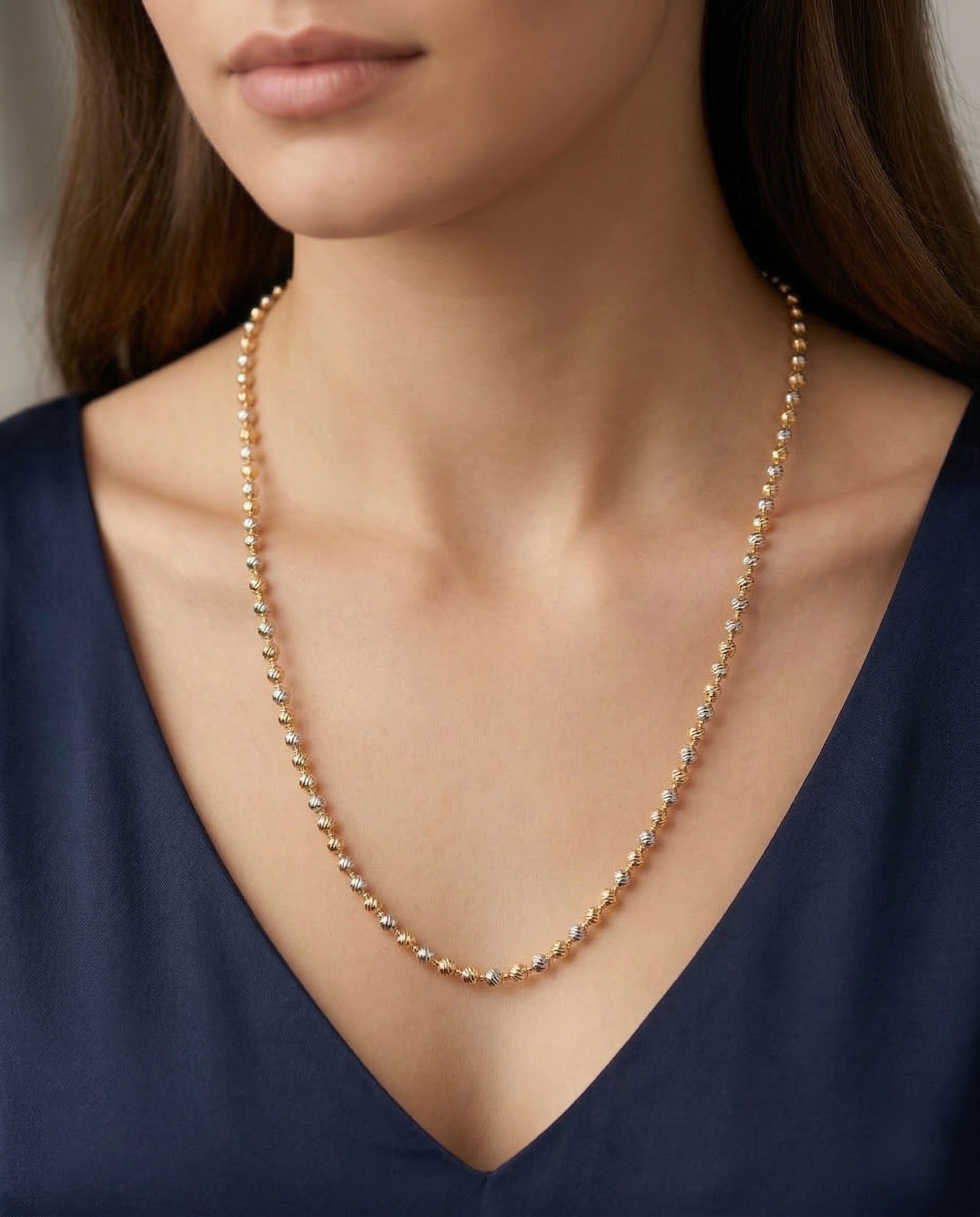 Two Tone Round Bead Long Chain Necklace | Gold Silver Minimal Bead Chain for Women