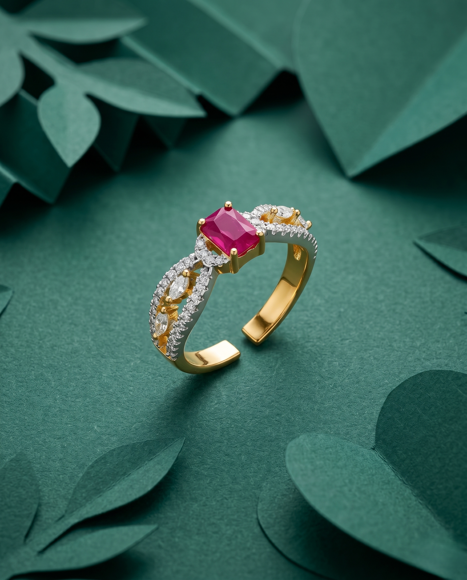 Emerald Cut Stone Designer Ring Gold Plated Adjustable – Red / Green Stone