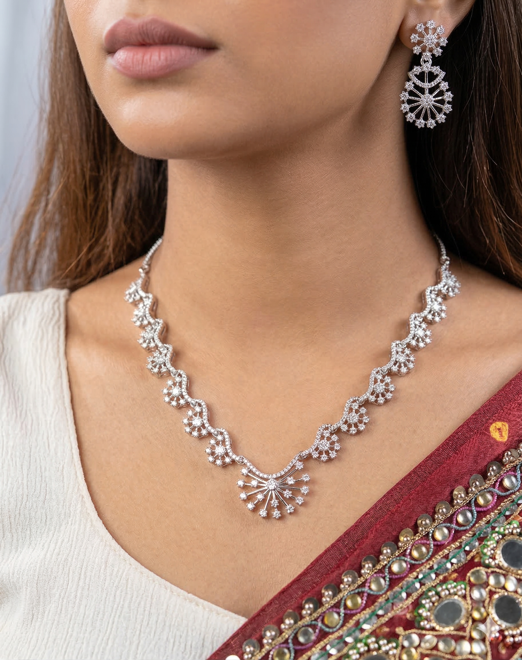 Starburst Diamond Style Necklace Set with Matching Earrings