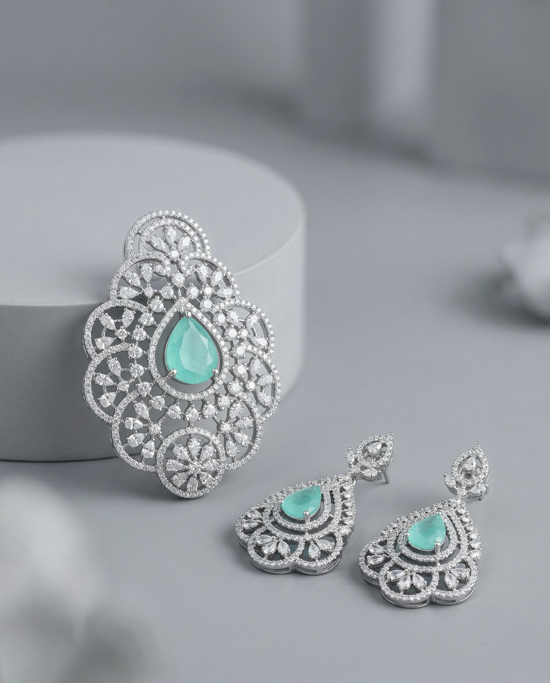 Premium Aqua Green Teardrop Floral Pendant Set in Silver Tone