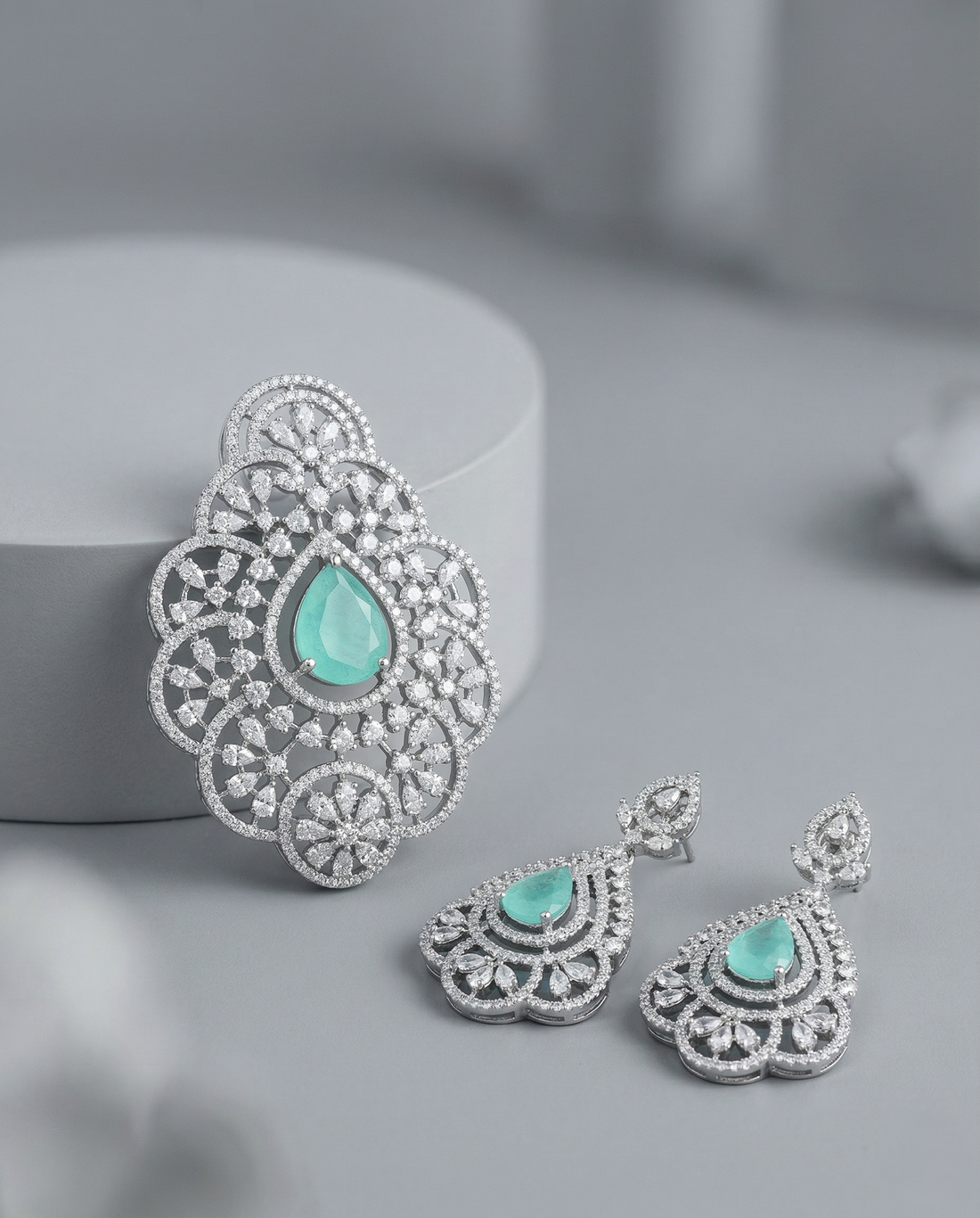 Premium Aqua Green Teardrop Floral Pendant Set in Silver Tone
