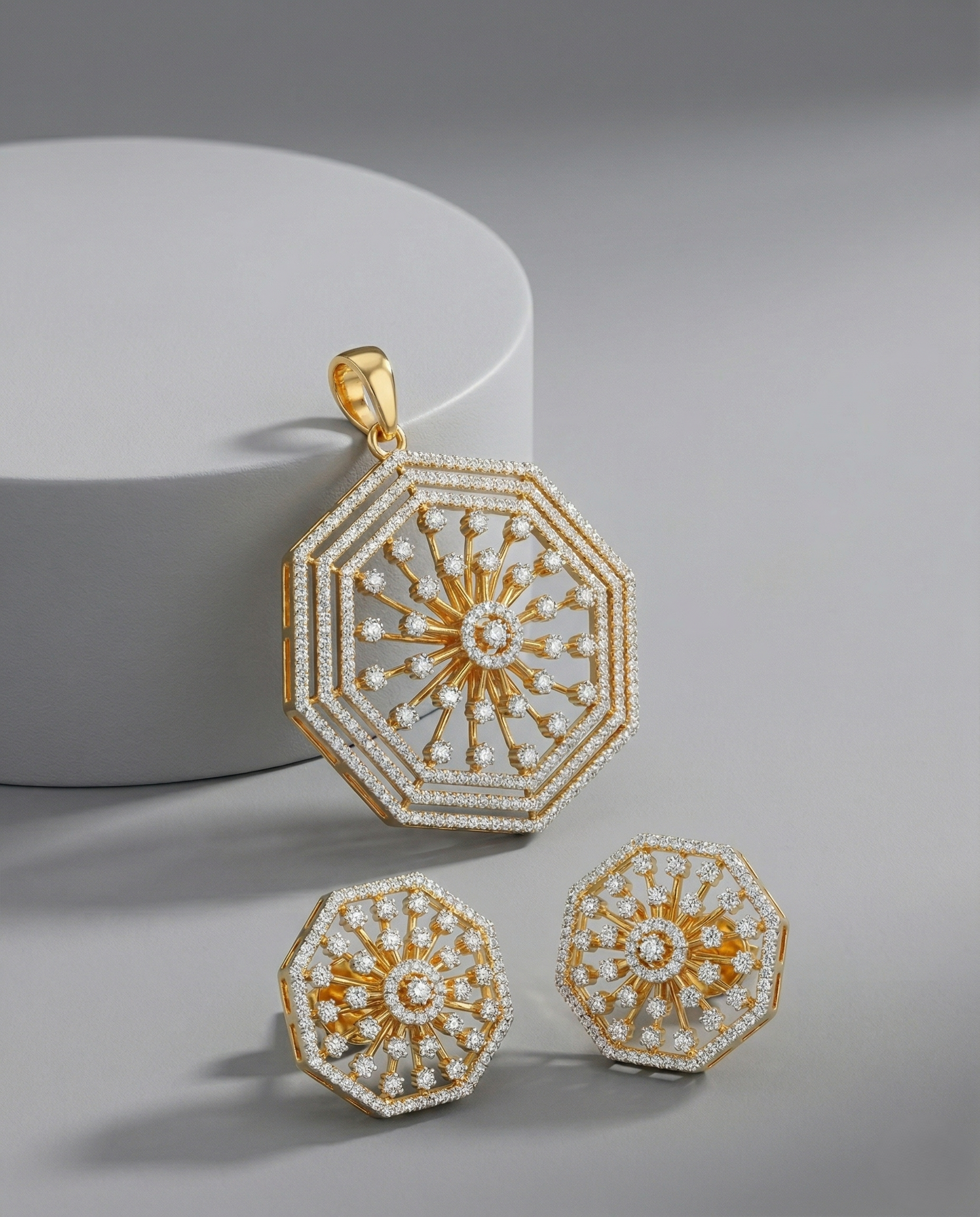 Premium Octagon Diamond Look Designer Pendant Set in Gold Tone