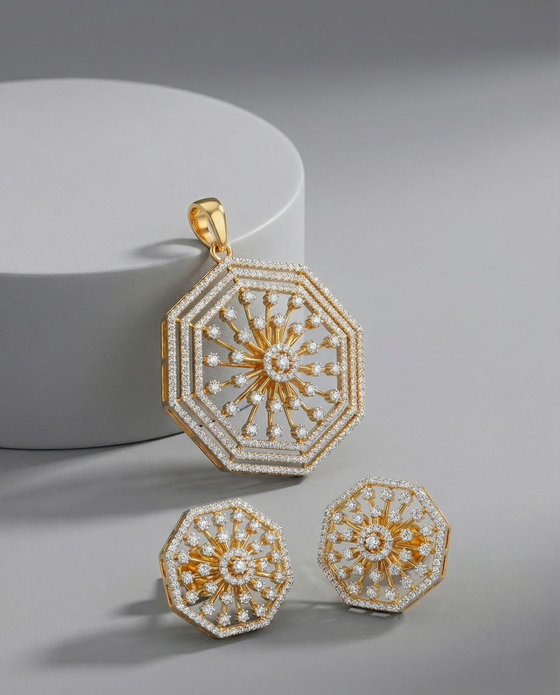 Premium Octagon Diamond Look Designer Pendant Set in Gold Tone