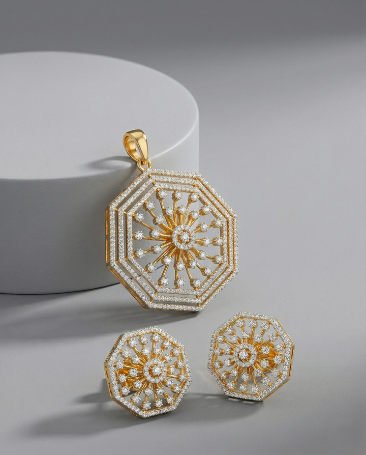 Premium Octagon Diamond Look Designer Pendant Set in Gold Tone