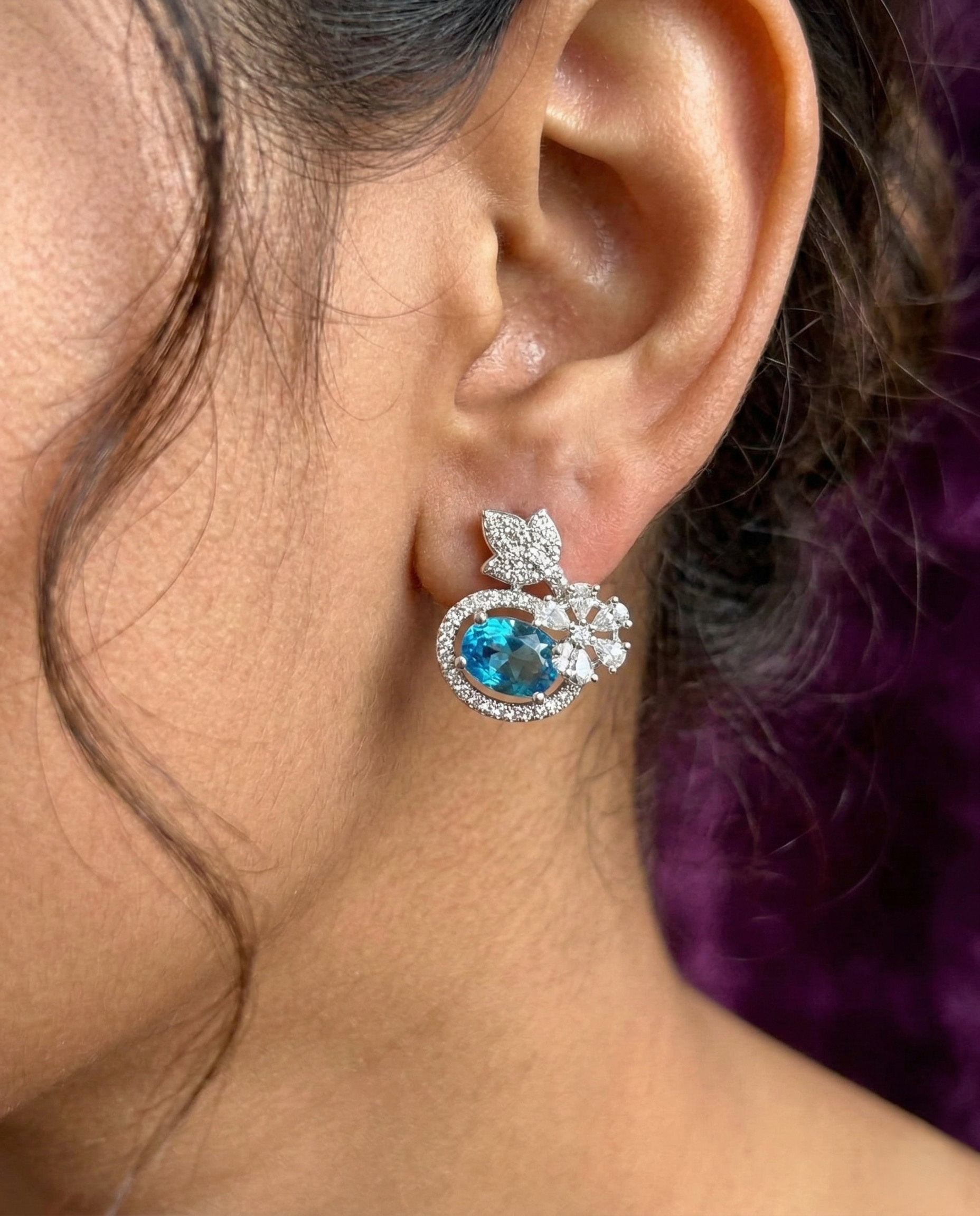 Butterfly Floral CZ Designer Stud Earrings – Silver Finish | 10 Colour Variants