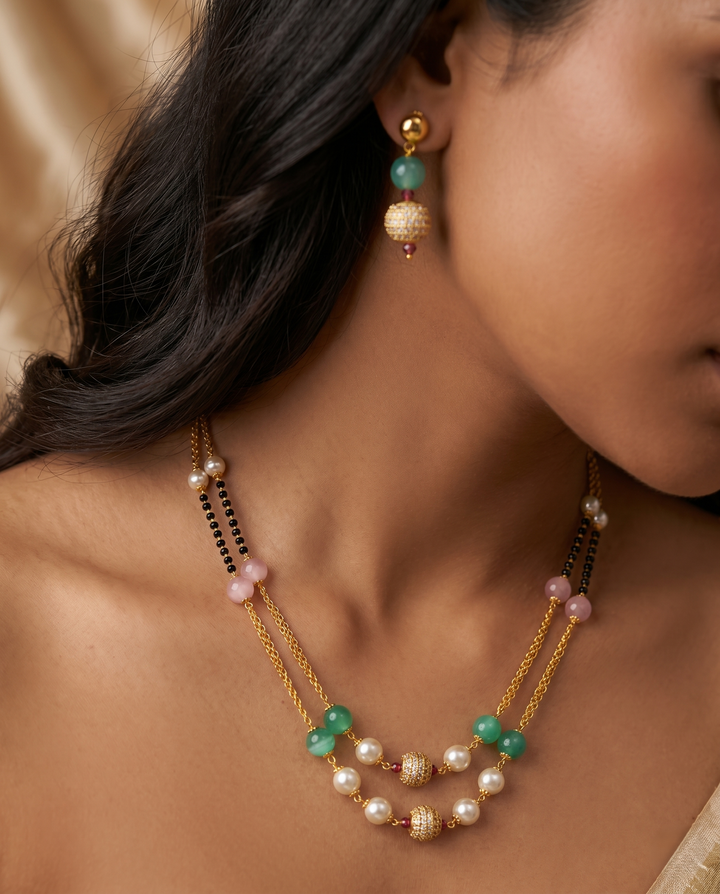 Handmade Green Onyx, Rose Quartz & Pearl Mala Necklace Set with CZ Crystal Beads & Coordinated Drop Earrings