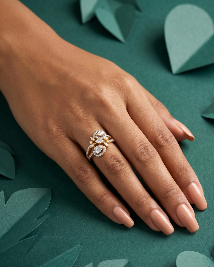 Tri Stone Designer Diamond Ring Gold Plated Adjustable (White / Green / Red)