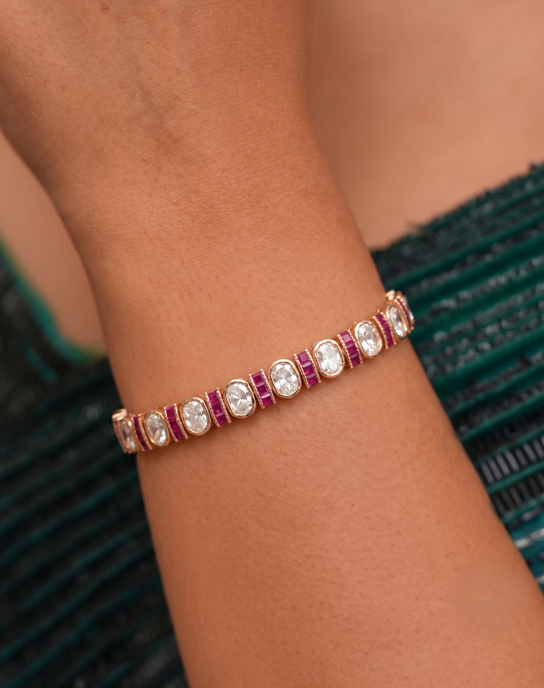 Kundan Style CZ Bracelet – Green | Ruby | White Stone – Adjustable Gold Finish