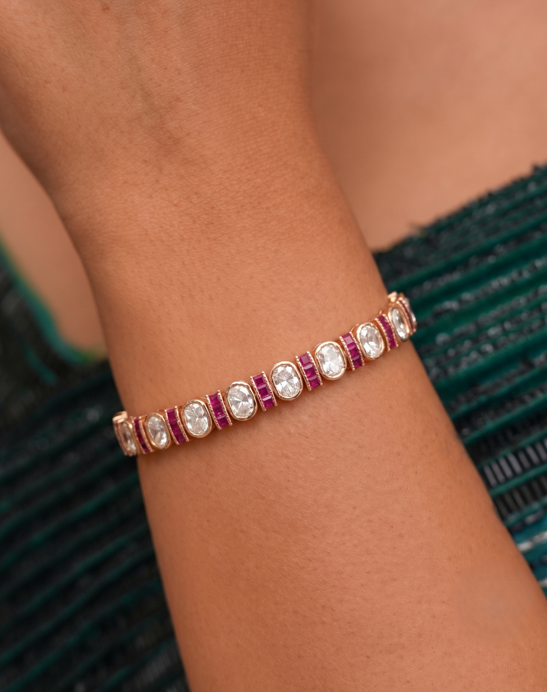 Kundan Style CZ Bracelet – Green | Ruby | White Stone – Adjustable Gold Finish