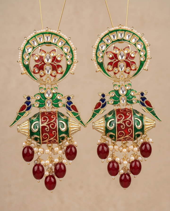 Traditional Meenakari Jhumka Earrings with Kundan, Bird Design & Pearl Drops (Gold Polish)